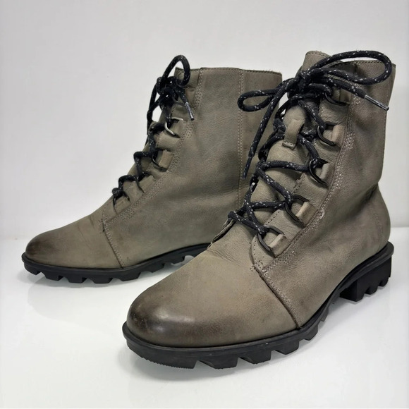 Sorel Phoenix Short Lace Waterproof Greenish Gray Leather Quarry Boots Size 10 - Picture 6 of 13